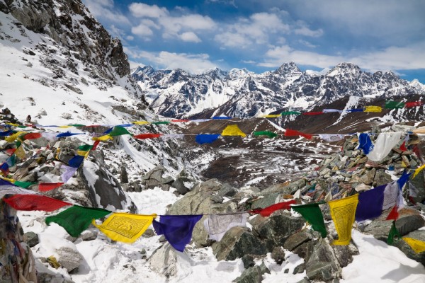 Prayer flags in the mountains. Cho La Pass