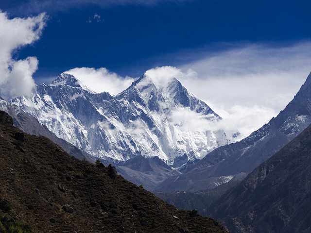 View of Everest an and Lhotse from Namche Bazar